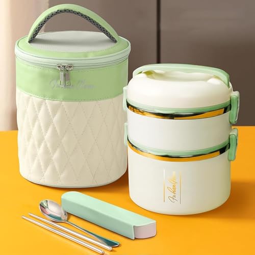 Juxkov お弁当箱 保温ランチジャー 2500ml保温弁当箱 三段 おべんとう箱 弁当バッグ付き お箸とスプーン付き 真空断熱 こども 大人 女性 男性兼用 通勤 通学 アウトドア用 (ブルー-2500ML) (グリーン-1800ML)