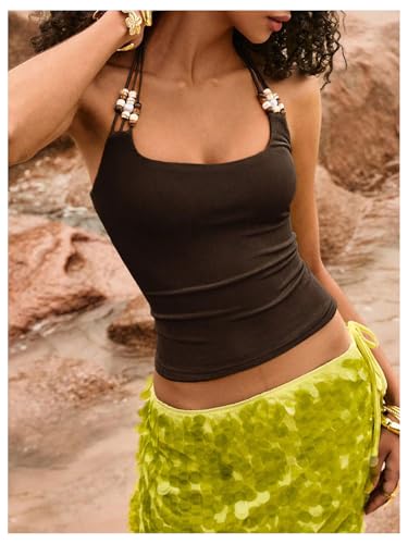 Milumia Women's Boho Beaded Halter Top Spaghetti Strap Summer Backless Camisoles2