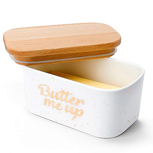 Sweese 303.156 Large Butter Dish - Airtight Butter Keeper Holds Up to 2 Sticks of Butter - Porcelain Container with Beech Wooden Lid - Butter Me Up