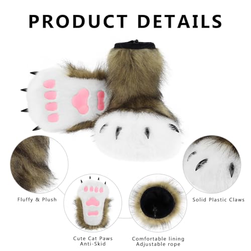 Image of Animal Fuzzy Slippers Bear Cat Wolf Dog Fox Fursuit Feet Paw Claw Shoes Furry Boots Costume Accessories for Adult Kids