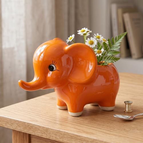 Image of Ceramic Elephant Shape Flower Vase & Succulent Planter (6-inch) | Cute Elephant Pot for Home Decor, Living Room, Office Desk & Gifting | Water-Resistant Vase for Natural Flowers | Orange