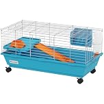 PawHut Small Animal Cage Rabbit Guinea Pigs Chinchillas Cage w/Wheels Water Bottle Food Dish Platform Ramp 89 x 44 x 43 cm Blue
