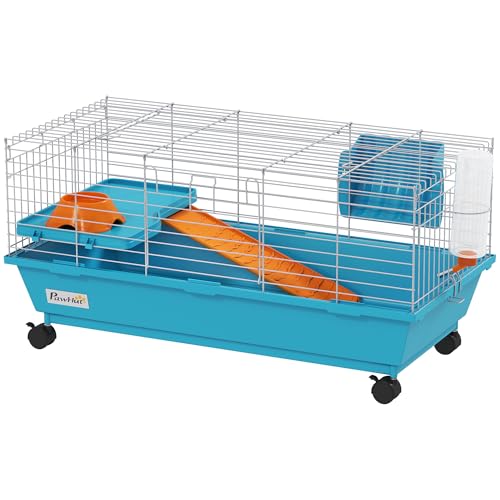 PawHut Small Animal Cage Rabbit Guinea Pigs Chinchillas Cage w/Wheels Water Bottle Food Dish Platform Ramp 89 x 44 x 43 cm Blue