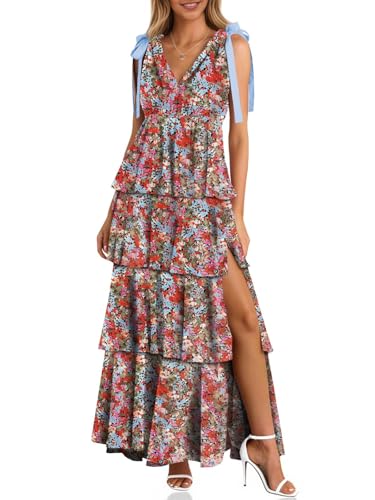 Image of Wenrine Womens Summer Floral Maxi Dress Tie Strap Sleeveless V Neck High Slit Boho Ruffle Tiered Beach Dresses