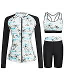 Daci Palm Tree Women 3 Piece Rash Guard - 3PC Long Sleeve Zip up Swim Shirt Sports Bra Modest Swimsuit with Shorts L