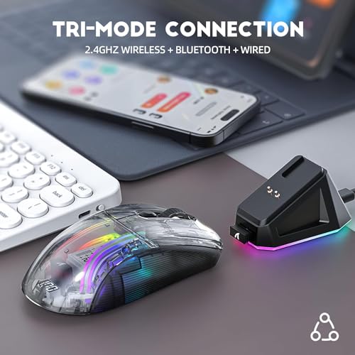 Image of ATTACK SHARK X2 Pro Wireless Gaming Mouse with RGB Charging Dock,Tri-Mode PC Gaming Mice 2.4G /Bluetooth /Wired,Noiseless Mouse RGB Backlit,Transparent Shell,PixArt 3212 4000 DPI,for Win /MAC,White