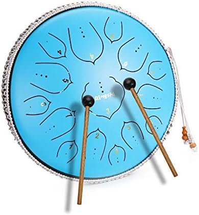 14 Inch 15 Note Steel Tongue Drum Qingshi Percussion Instrument Lotus Hand Pan Drum with Drum Mallets Carry Bag，Used for music education concert spiritual healing yoga meditation (Lake blue)