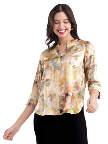 Image of FableStreet Women Shirt Work & Casual | Relaxed Fit Mandarin V-Neck Three-Quarter Sleeves Solid Pattern | Breathable Woven Fabric for Office & Everyday Wear
