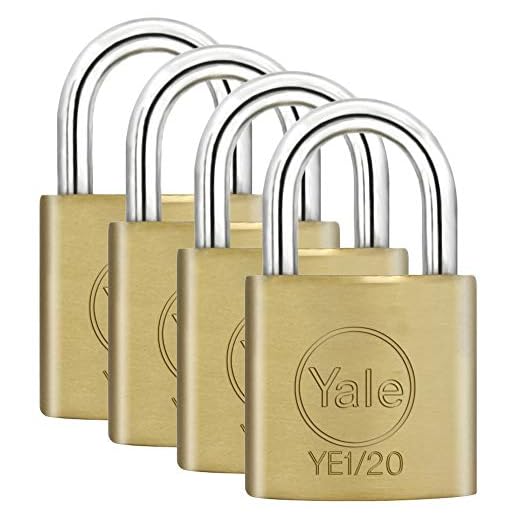 Yale YE1/20/111/4 - Lot de 4 Cadenas Laiton massif 20 mm, 4 clés identiques - pour Valise de Voyage, bagages, Sac à Dos