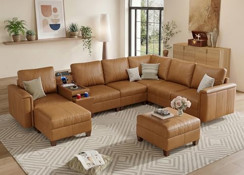 SITJOY 132 Faux Leather Modular Sectional Sofa with Storage, Mid Century Modern Sectional Couches for Living Room, 8 Seat V Shaped Couch with Ottoman and Console Table, Hidden Cupholders, Brown