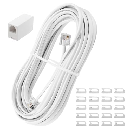 Uvital 25 Feet Phone Line Cord, RJ11 Phone Cable, Landline Telephone Wire with Telephone Coupler and 20pcs Cable Clips, for Modem, Fax Machine - White