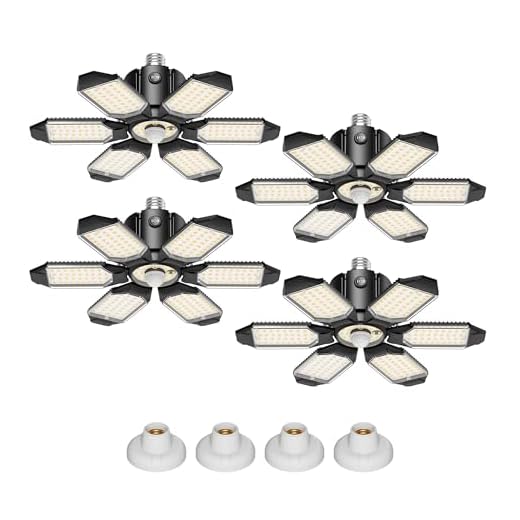 Kryoza Garage Lights with Motion Sensor, 20000LM Motion Sensor Light Bulb Indoor with 6 Deformable and Auto-Off, E26 Screw-in 6500K Motion Activated Shop Light for Ceiling/Basement 4-Pack