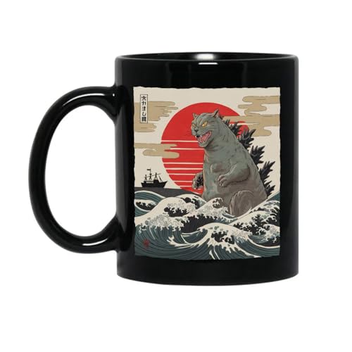 KRIXIAVIKA Funny Cat Kaiju Japanese Sunset Vintage Catzilla Great Wave - Taza de café de cerámica, 325 g - 425.2 g