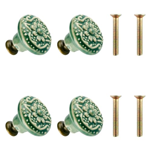 Bojueshaw 4pcs Vintage Cabinet Knobs,Ceramic Drawer Knobs,Green Flower Embossed Furniture Handle with Mounting Screws for Cupboard Drawer Closet Door