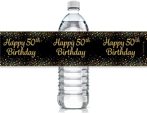 Black and Gold 50th Birthday Party Water Bottle Labels - 24 Stickers