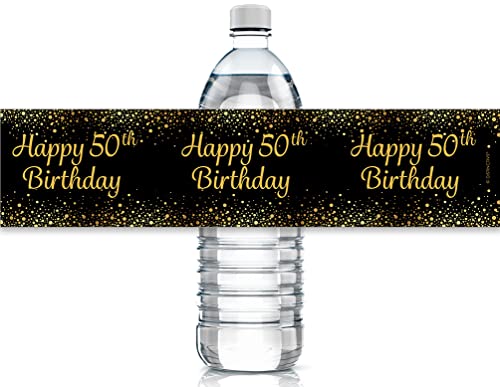 Black And Gold 50Th Birthday Party Water Bottle Labels - 24 Stickers #TOP2