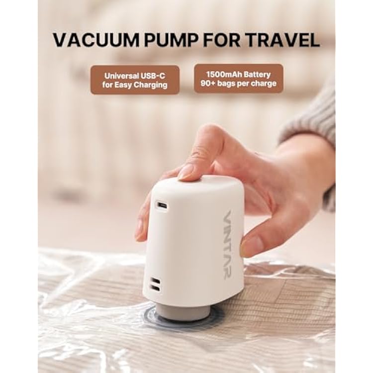 Cordless Electric Travel Vacuum Pump for Vacuum Storage Bags, VINTAR Portable Vacuum Sealer for Clothes, USB Rechargeable Air Pump for Compression Clothing Blanket Luggage (Storage Bag Not Included)