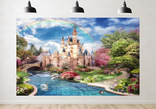 TryKid 17x10ft Princess Castle Backdrop for Photography Garden Lake Fairy