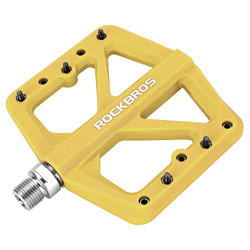 Rock BROS Mountain Bike Pedals MTB Pedals Lightweight Nylon Composite Bicycle Flat Pedals 9/16" DU Bearing Bike Platform Pedals for BMX MTB Mountain Road Bike (Yellow)