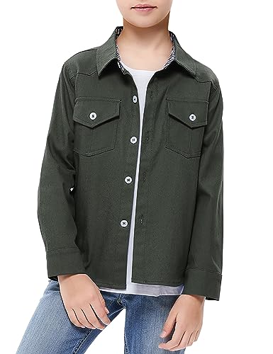 Boys Long Sleeve Shirt with Chest Pockets Solid Casual Button-Down Collared Shirts Top for Kids 3-12 Years