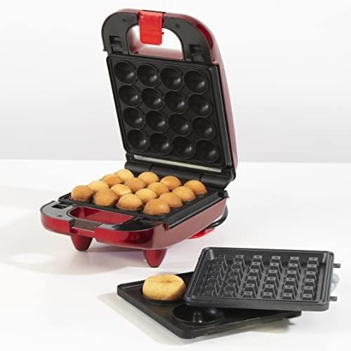 Giles & Posner EK4943G 3 in 1 Compact Mini Treat Maker, Make Delicious Doughnuts, Cake Pops & Waffles, Party Treat Waffle & Cake Maker, Easy Clean Non-Stick Removable Plates, 650W, Red