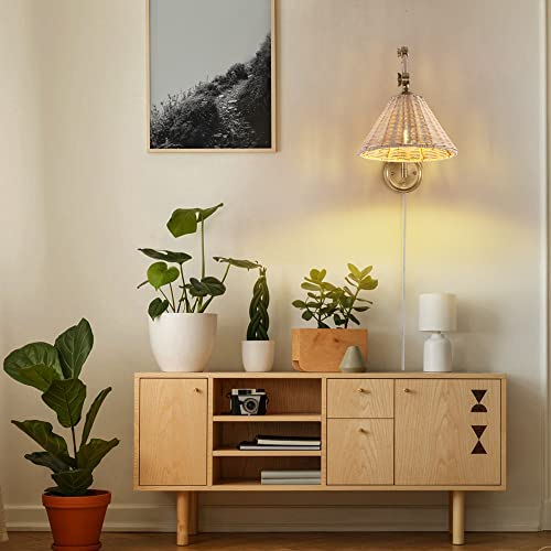 WINGBO-Wall-Sconce-Rattan-Wrapped-Wall-Lamp-Adjustable-Swing-Arm-Gold-Wall-Light-Fixture-Foldable-Vintage-Bedside-Light-Wicker-Handmade-Shade-Brass-Reading-Light-Plug-in-or-Hardwire-1-Pack WINGBO Wall Sconce Rattan Wrapped Wall Lamp Adjustable Swing Arm Gold Wall Light Fixture Foldable Vintage Bedside Light Wicker Handmade Shade Brass Reading Light Plug in or Hardwire 1 Pack