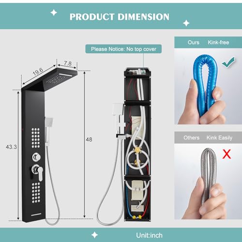 KINKIB LED Shower Panel Tower System Black with Rainfall Waterfall Shower Head, 5-in-1 Shower Tower with Powerful Body Jets, Handheld Shower and Tub Spout, High Pressure Shower Column Stainless Steel