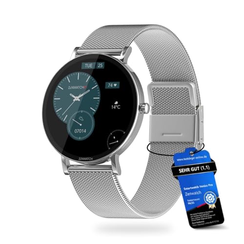 Zenwatch Venice Pro 2.0 Silber Smartwatch mit Bluetooth Telefonie – 1,32 AMOLED 466x466, 123 Sportmodi, Herzfrequenz, Blutdruck & SPO?, IP68 Wasserdicht, 200 mAh Akku, kompatibel mit Android & iOS