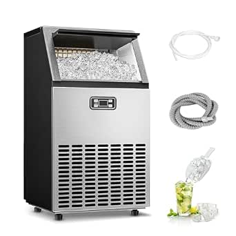 Commercial Ice Maker Machine, 100lbs Daily Production, Self-Cleaning, Stainless Steel, 33lbs Storage