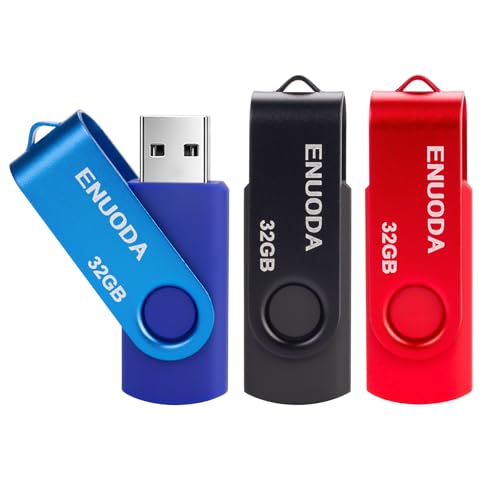 ENUODA Memorias USB 32GB 3 Piezas Pendrive USB 2.0 Stick Flash Drive con Indicador LED (3 Colores Mezclados: Azul Negro Rojo)