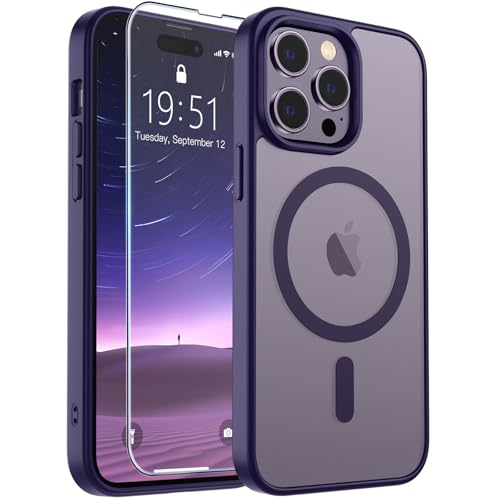 Image of SUPFINE Magnetic for iPhone 14 Pro Case (Compatible with MagSafe) (Military Grade Drop Protection) Translucent Matte Shockproof Phone Case, Dark Purple
