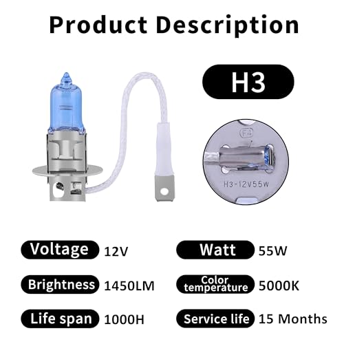 Image of H3 Headlight Bulb 5000K Super White Light Long Life Replacement PK22S 12V /55W (H3, 2 Pack)