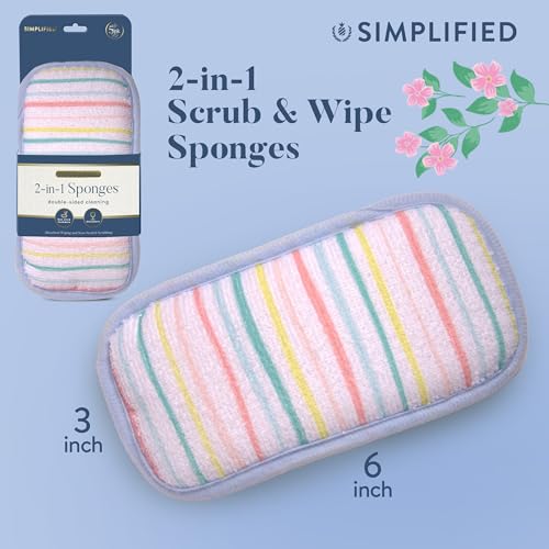 Image of Simplified 5-Pack Scrub & Wipe 2-in-1 Dishwashing Sponges - Non-Abrasive Cleaning Sponges, Double-Sided - Safe for Dishes, Non-Stick Pans or Glassware, Absorbent Dish Sponges, Rainbow Stripe