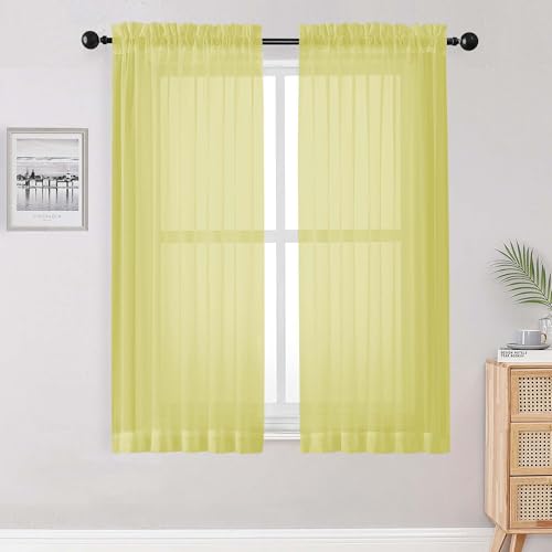 Image of OWENIE Sheer Lemon Curtains for Bedroom Living Room 63 Inch Length 2 Panels Set, Modern Soft Solid Light Filtering Sheer Curtains for Dining Room, Rod Pocket Window Treatments, Lemon, 42 inch Wx63 L
