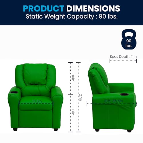 Image of Flash Furniture Vana Vinyl Kids Recliner with Cup Holder, Headrest, and Safety Recline, Contemporary Reclining Chair for Kids, Supports up to 90 lbs., Green