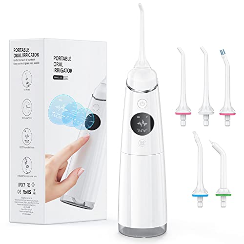 Water Flosser Cordless Teeth Cleaner - Rechargeable Dental Flosser Oral Care with OLED Display, 4 Modes, IPX7 Waterproof Dental Irrigator for Braces Bridges Care, 5 Flossing Jet Nozzles (White)