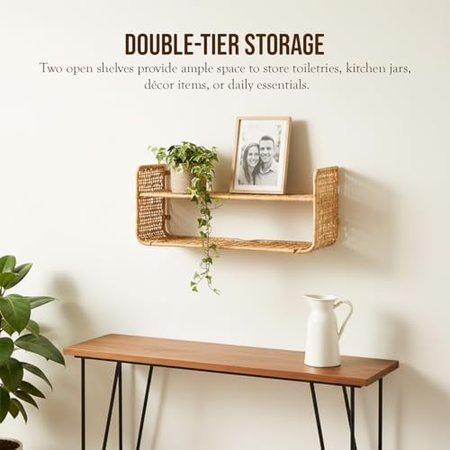 Image of PrettyKrafts Two Tier Rafia & Metal Wall Shelf Storage Organiser | Multipurpose Storage Basket | Decorative Wall Mounted Storage Rack for Living Room, Bedroom, Kitchen & Office (25x15x23 cm)