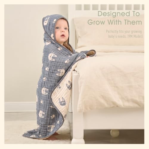 Image of Ultra-Soft Muslin Baby Towel - 32 x 32 Inches, Ideal for Bath & Beach, Suitable for Both Boys & Girls from Newborns to Toddlers (Navy Blue Bunny)