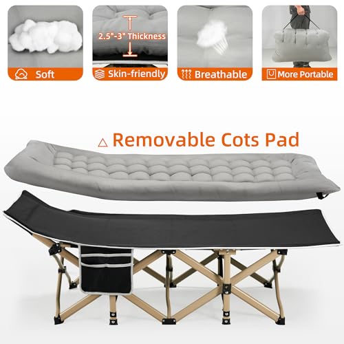 Fragess Portable Camping Cot, 600LBS Max Load, Extra Wide with Thick Mattress, Folding Cot for Outdoor Camping/Office, Home Nap (Grey)