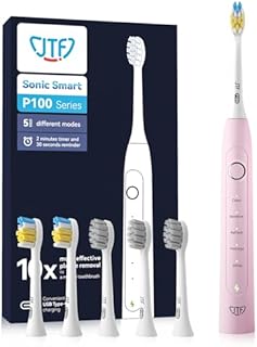 Sonic Toothbrushes Adults JTF Electric Toothbrushes Adults Pink Electric Toothbrush Rechargeable with Timer, 50000 VPM, USB Fast Charge, 4 Hours Last 90 Days, 5 Mode, 6 Dupont Heads