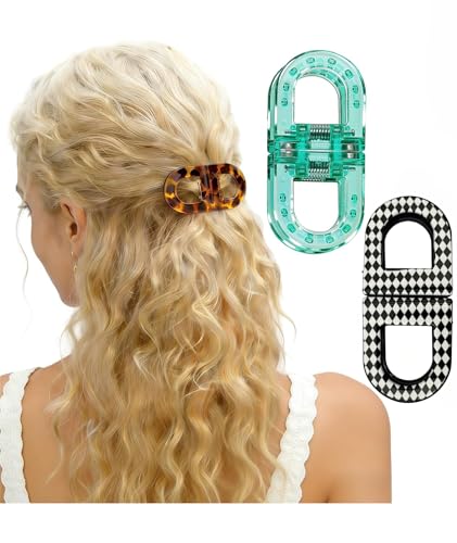 Image of 2 Pcs Hair Clutchers for Women, Magnetic Hair Clip, 2-in-1 Section Clips for Hair Styling, Daily Use and Professional Salon Clutcher Hair Accessories, Black Brown Print Hair Claw Clips (Checkered Pattern And Blue)