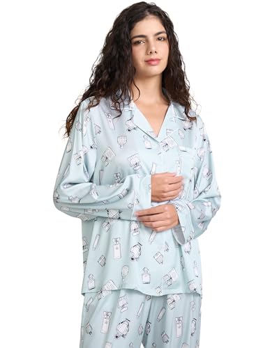 Image of YiNi LuLu Womens Silk Satin Pajamas Set Button Down 2 Piece Pjs Long Sleeve Oversized Sleepwear with Pockets