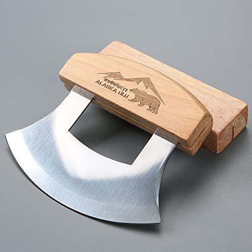 Wiucys 5Inch Alaskan Mezzaluna Ulu Knife, Salad Veggies Rocker Chopper Slicer Cutter Chef Hashing Chopping Mincing Knives Cleaver With Wooden Stand Sheath Arthritic Tool #TOP6