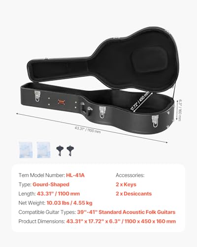Image of VEVOR Acoustic Guitar Hard Case, 43.31 in Gourd-Shaped Guitar Hard Case, With Lock Latch Key Handle, PVC Padding Soft Lining Water-Resistant Hard Shell Guitar Case, for 39-41 in Acoustic Guitar, Black