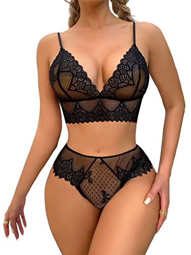 RSLOVE Ensemble de Lingerie pour Femmes Chemise de Nuit en Maille Dentelle Florale Nuisette Sexy Noir M Cover
