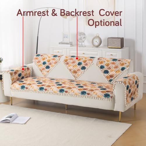 Image of HOKIPO Boho Wildflower Quilted Sofa Cover Mat for 3 Seater Sofa with Tassels 'Tassel Twigs' Series (IN-985-T11)