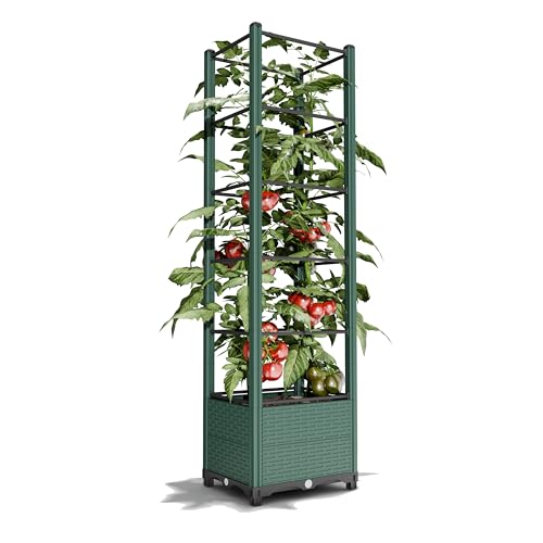 Raised Garden Bed with Trellis for Tomatoes, 10.5 Gal Planter Box Outdoor, 69.69' Tall Flower Planter with Tomato Cage, 15.7' Elevated Garden Bed for Vegetables, Climbing Plants & Flowers (Green)
