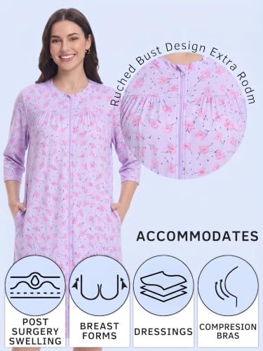 Image of Women's Post Surgery Robe with Drain Pockets Mastectomy Recovery Robe Front Zipper Hospital Gown Pajamas Gift