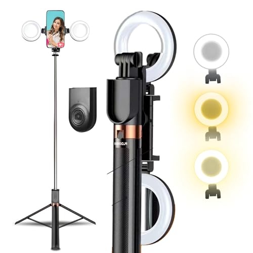 Image of FLING By FTLO Plokama K9 Pro Selfie Stick Tripod with Dual Ring Lights | 3 Lighting Modes & 6 Level Brightness | 6 Feet Stable Tripod | for Photos, Vlogging, Video Shoot, Live Stream