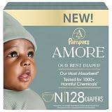 Pampers Amore, Size 0 (up to 10 lbs), 128 Count, Our Best Diaper – Hypoallergenic & Fragrance Free, Up to 100% Leakproof, Soft as Cashmere
